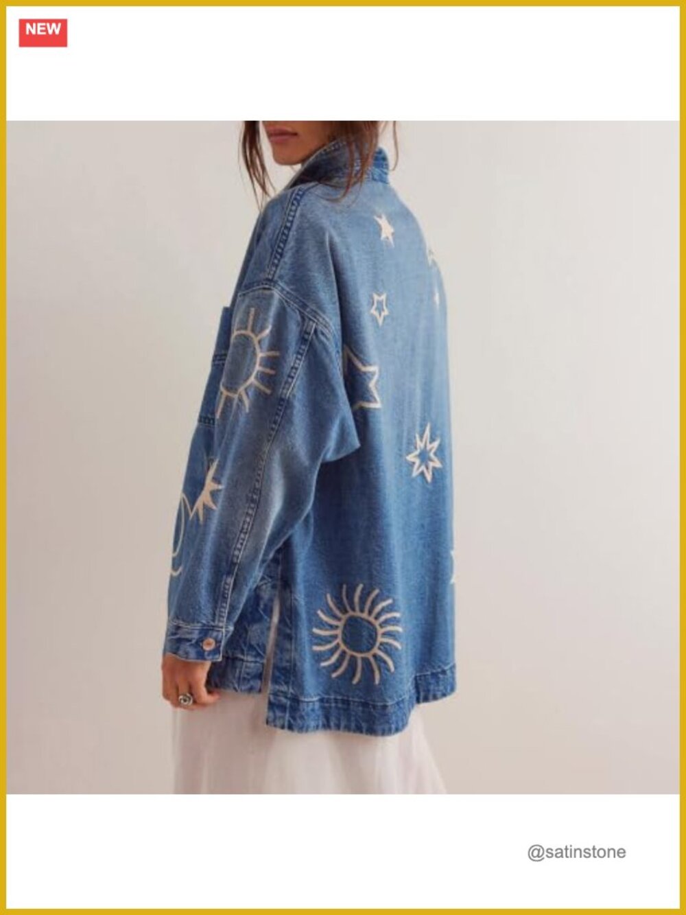 Oversized Embroidered Denim Jacket Button Down Loose Fit Jean Jacket - Picture 4 of 6